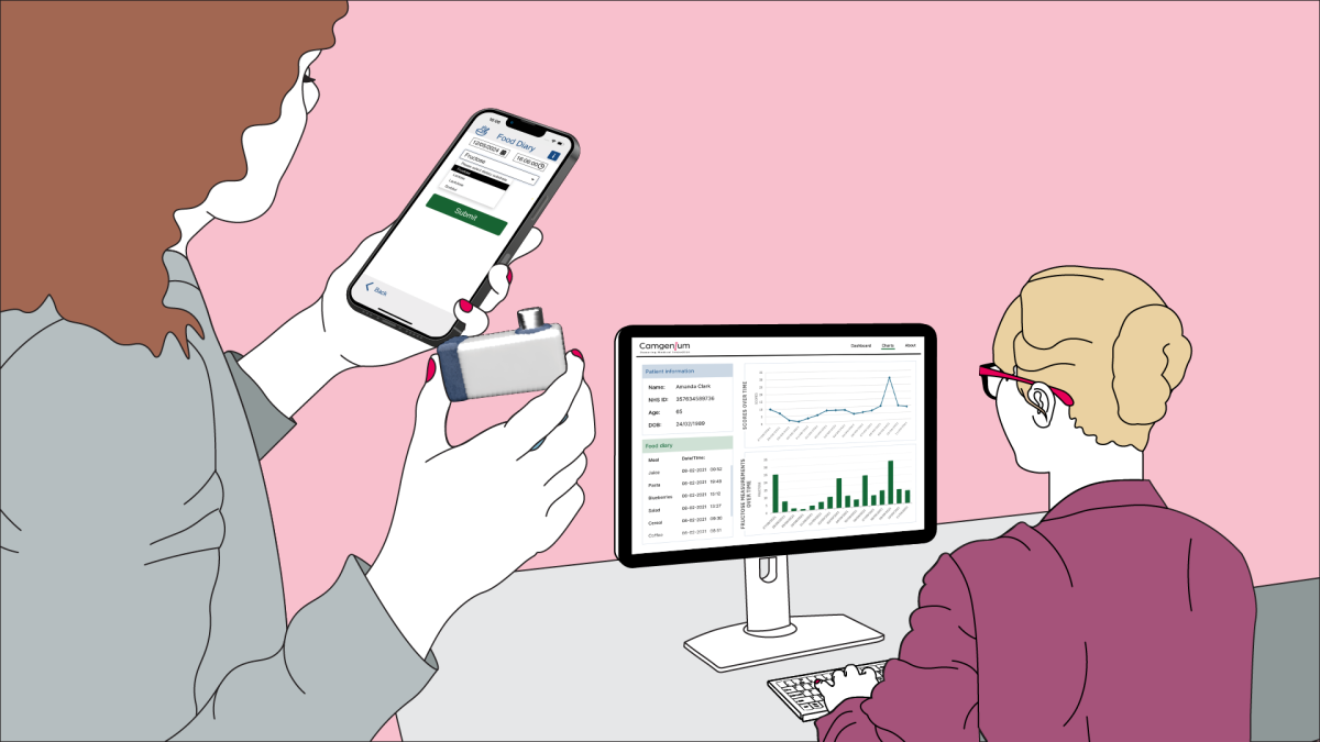 Image of woman sampling her breath and viewing results in an app on her phone, whilst her results and food diary are being reviewed by a clinician