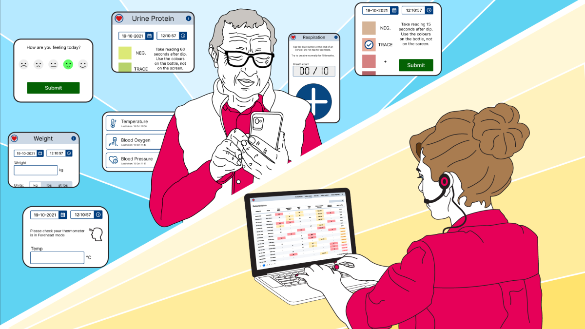 Image shows elderly gentleman using an app that automatically captures biomarker information from connected devices and other data entry methods.  At the same time, a researcher is reviewing trial data on a screen.