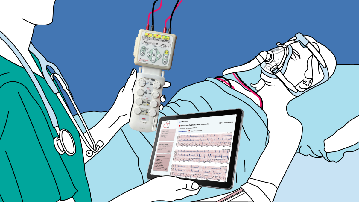 A clinician is holding a PaceProtect device that is connected to a patient in Intensive Care whilst looking at their heart rhythms.