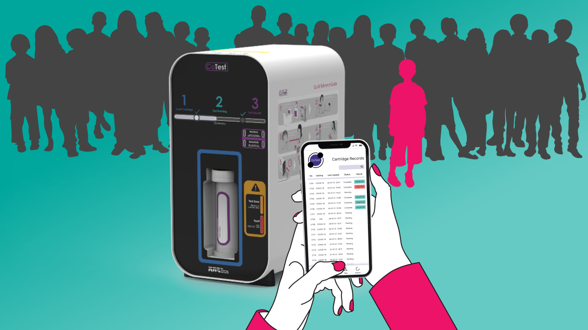 The image shows a diagnostic system used to analyse samples taken from a group to identify if any member of the group has Covid 19.  It also shows a woman looking at the results of the analysis