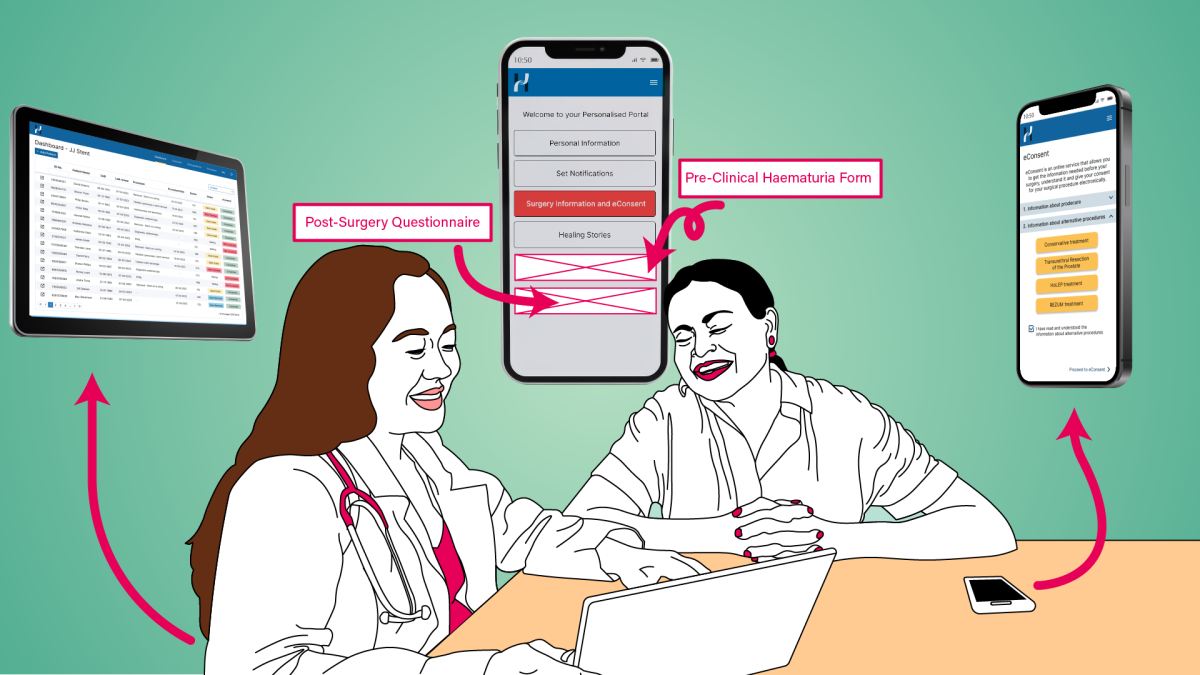 Clinician is briefing a patient about an upcoming procedure.  The clinician has developed the app so that it contains the information the patient needs to know to be able to give informed consent for the procedure