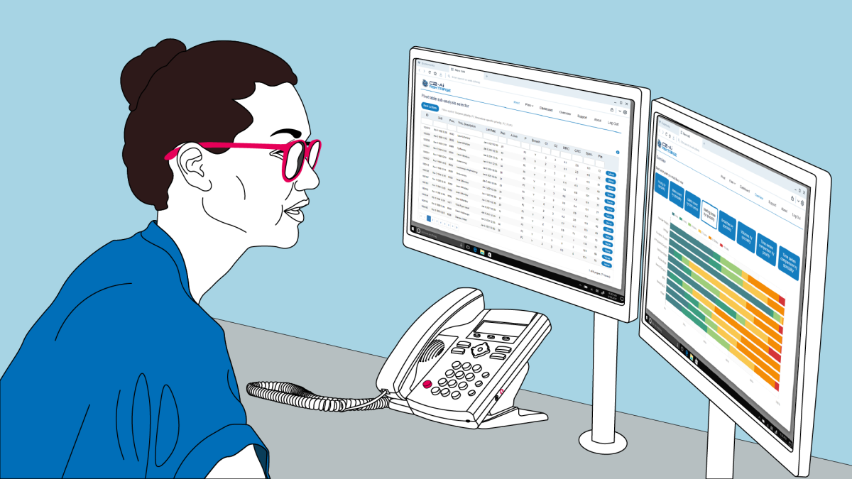 The image shows a female administrator sitting in a hospital at a desk with a telephone looking at the two screens in front of her.  One screen shows a list of patients, the other shows a list of surgical procedures.